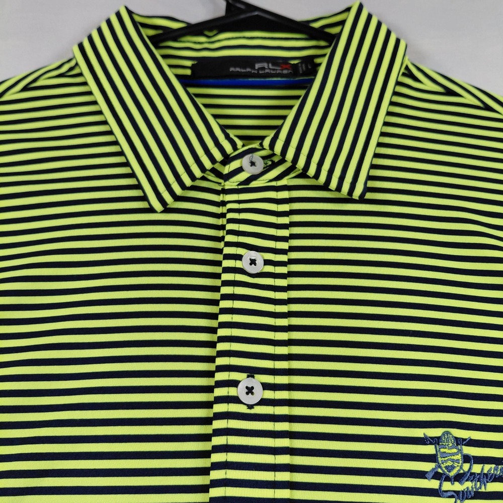 RLX Ralph Lauren Mens Large Neon Yellow Navy Striped Southern Hills Polo‎ Shirt - Picture 2 of 13